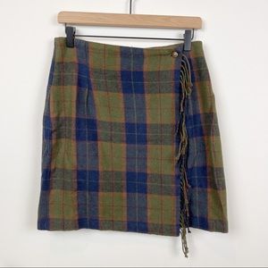 Vintage Tartan Plaid Fringed Wrap Wool Blend Skirt